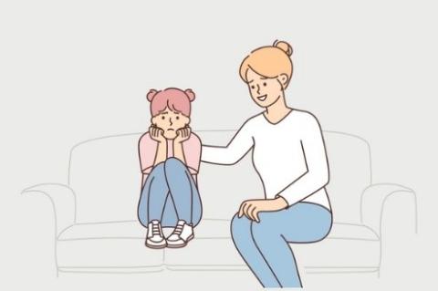 Picture of a Mom and child talking and the Mom is consoling her